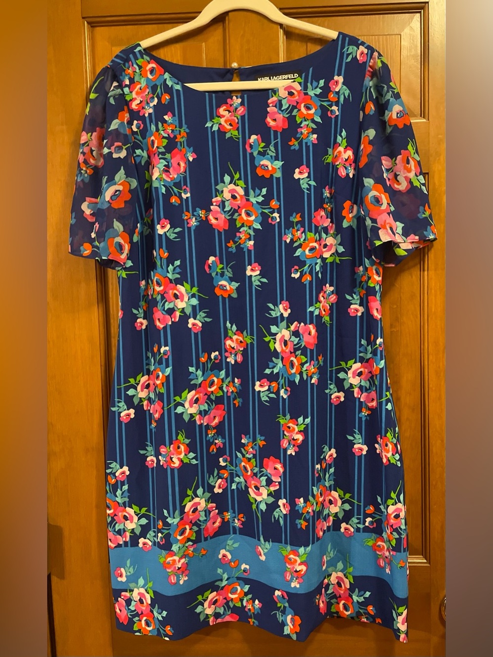 Karl Lagerfeld Navy Floral Shift Dress with Pink & Orange Blooms